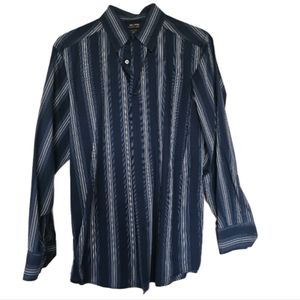 Vintage Mens Long Sleeved Blue striped button down dress shirt wrinkle free